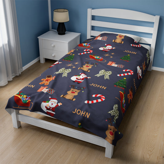 Personalized Christmas Velveteen Plush Blanket with Santa & Reindeer Design blue/grey