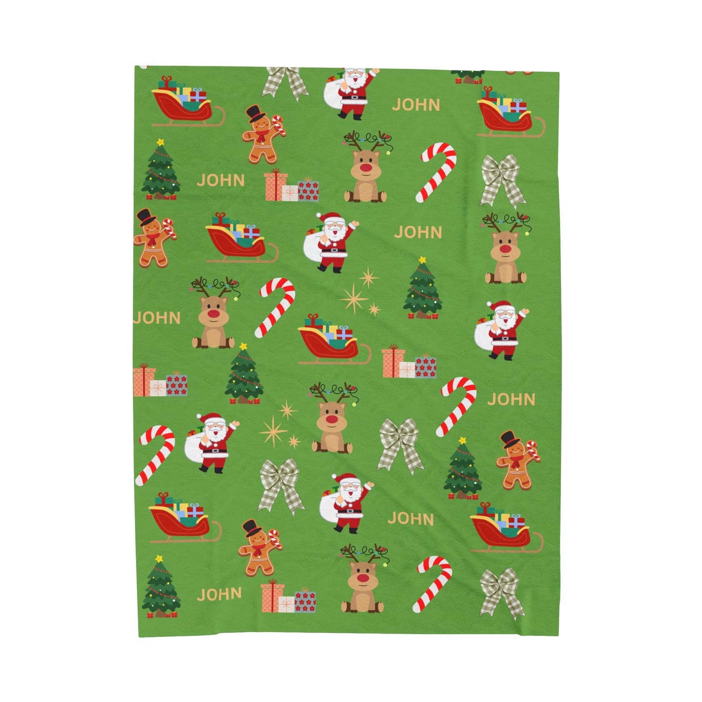 Personalized Christmas Velveteen Plush Blanket with Santa & Reindeer Design Green