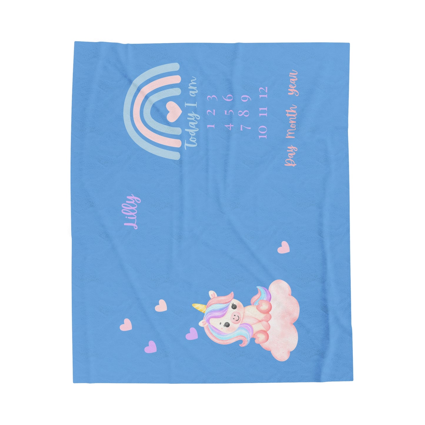 Personalized Unicorn Velveteen Plush Blanket - Baby Milestone Blanket_light blue