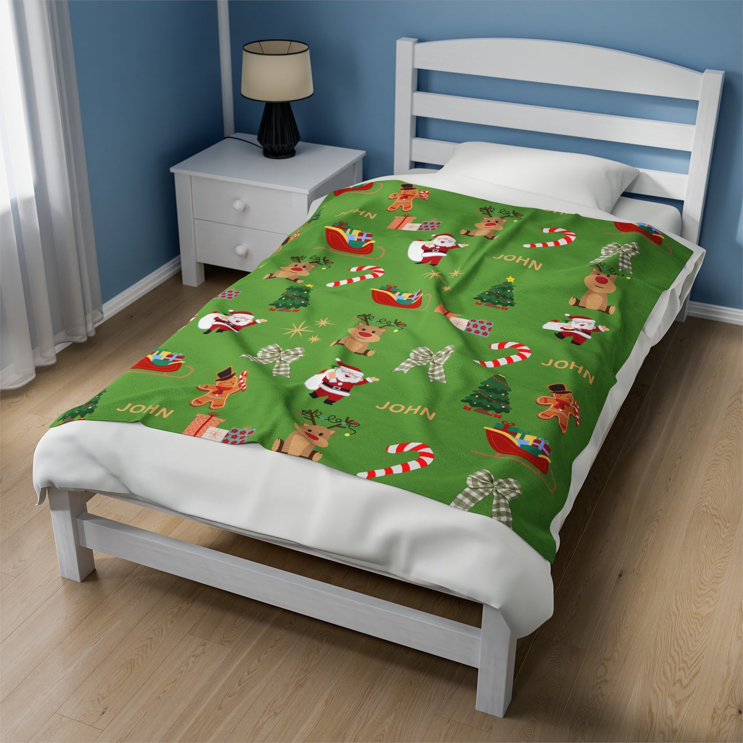 Personalized Christmas Velveteen Plush Blanket with Santa & Reindeer Design Green