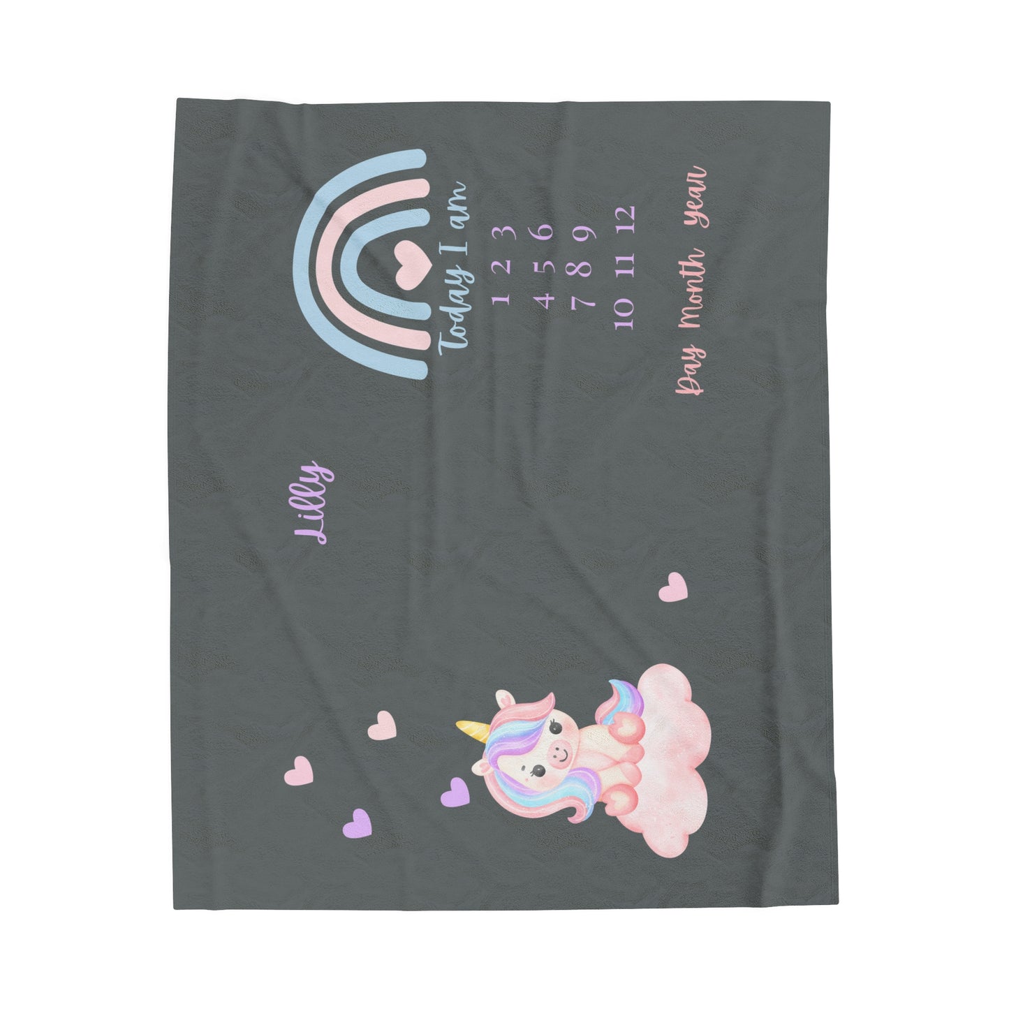 Personalized Unicorn Velveteen Plush Blanket - Baby Milestone Blanket_Dark Gray