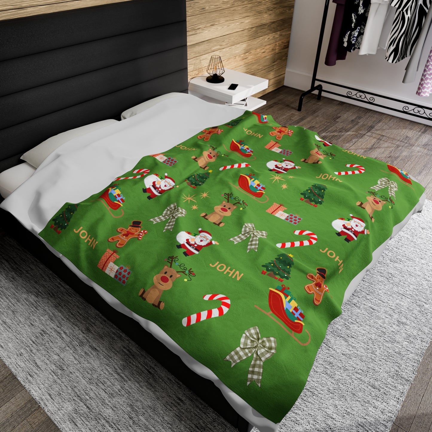 Personalized Christmas Velveteen Plush Blanket with Santa & Reindeer Design Green