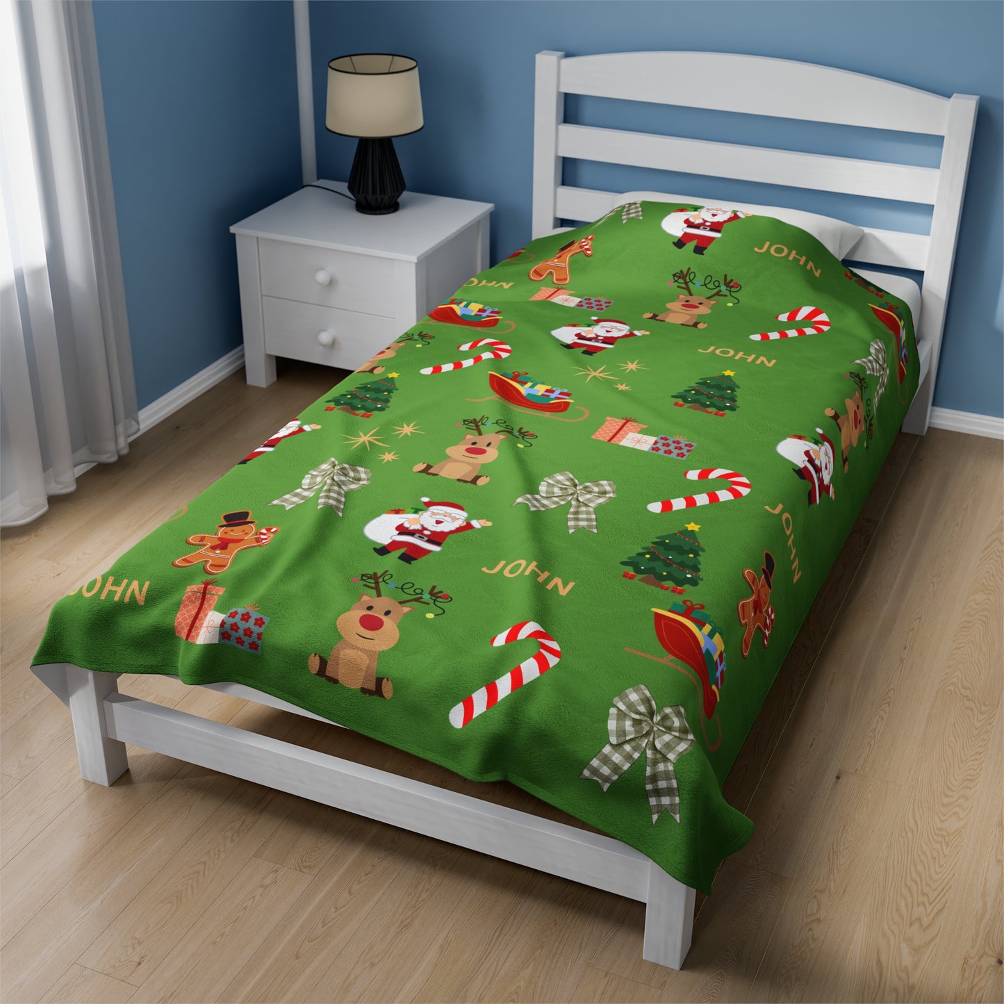 Personalized Christmas Velveteen Plush Blanket with Santa & Reindeer Design Green