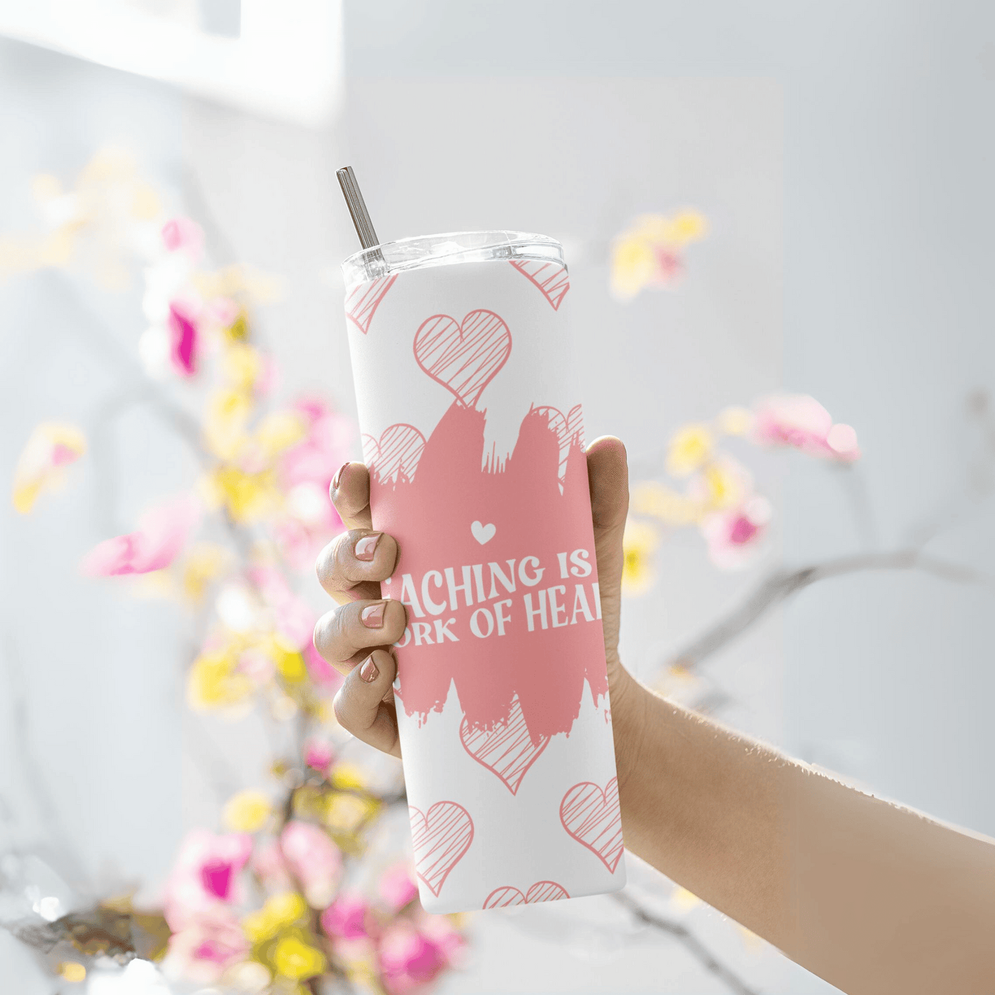 Teaching is a work of Heart_Pink  Skinny Matte Tumbler, 20oz