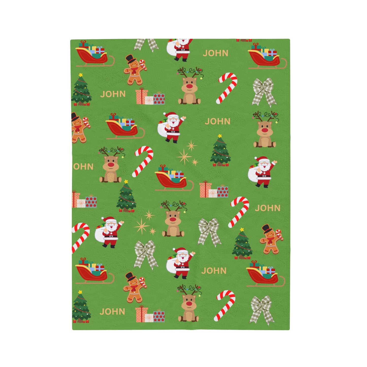 Personalized Christmas Velveteen Plush Blanket with Santa & Reindeer Design Green