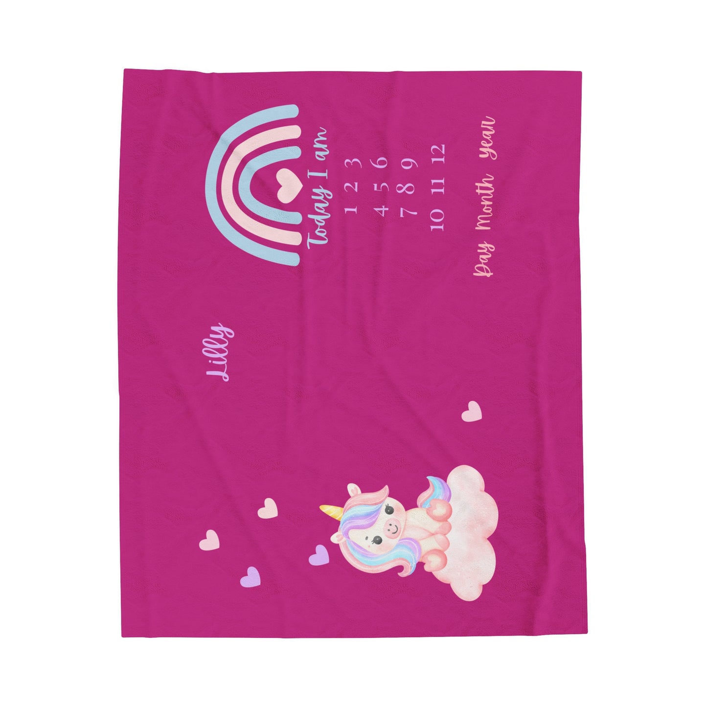 Personalized Unicorn Velveteen Plush Blanket Baby Milestone Blanket pink