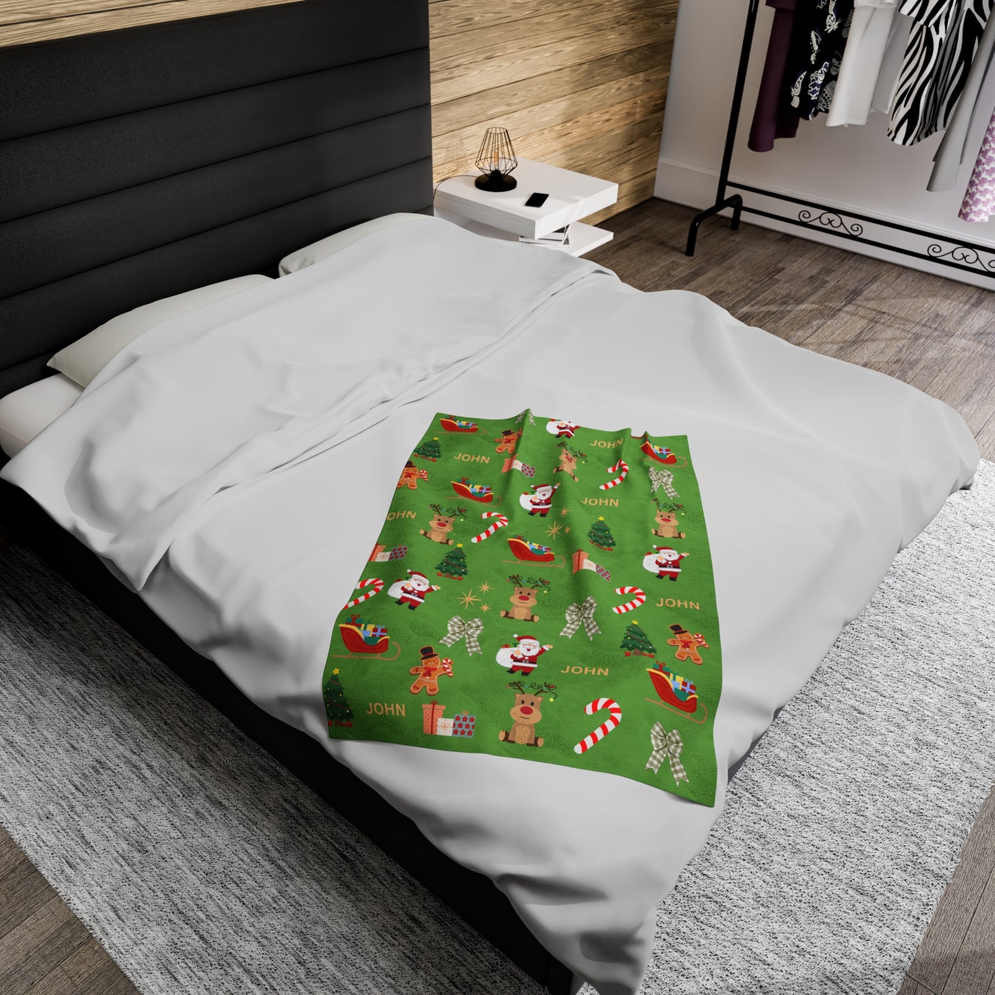 Personalized Christmas Velveteen Plush Blanket with Santa & Reindeer Design Green