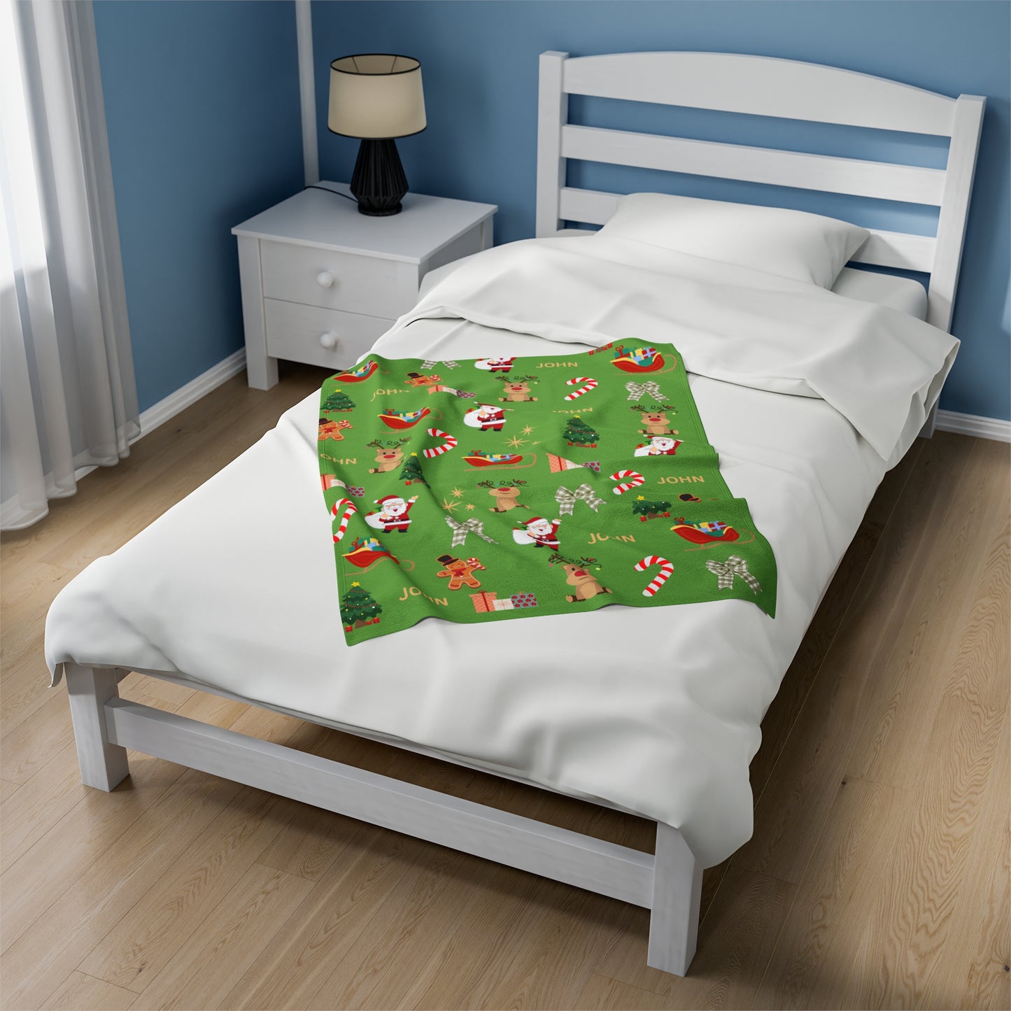 Personalized Christmas Velveteen Plush Blanket with Santa & Reindeer Design Green