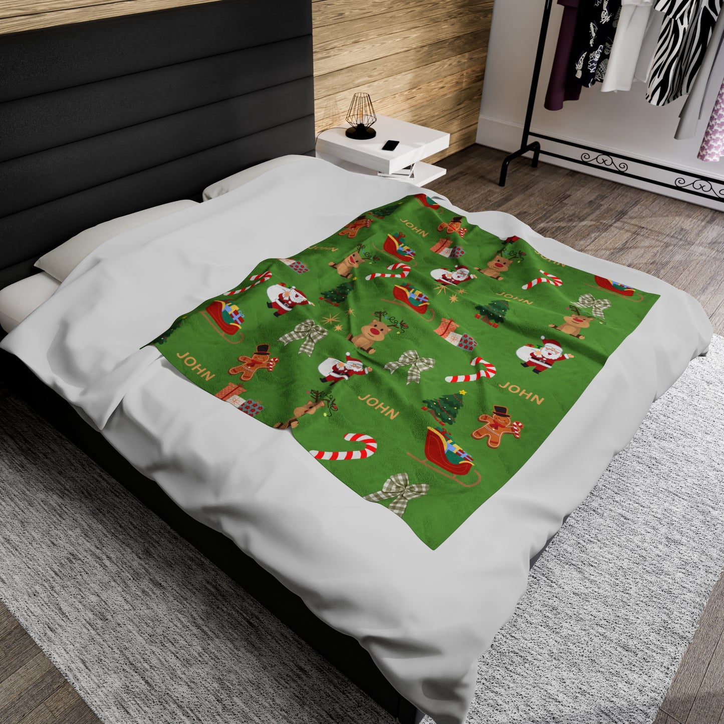 Personalized Christmas Velveteen Plush Blanket with Santa & Reindeer Design Green