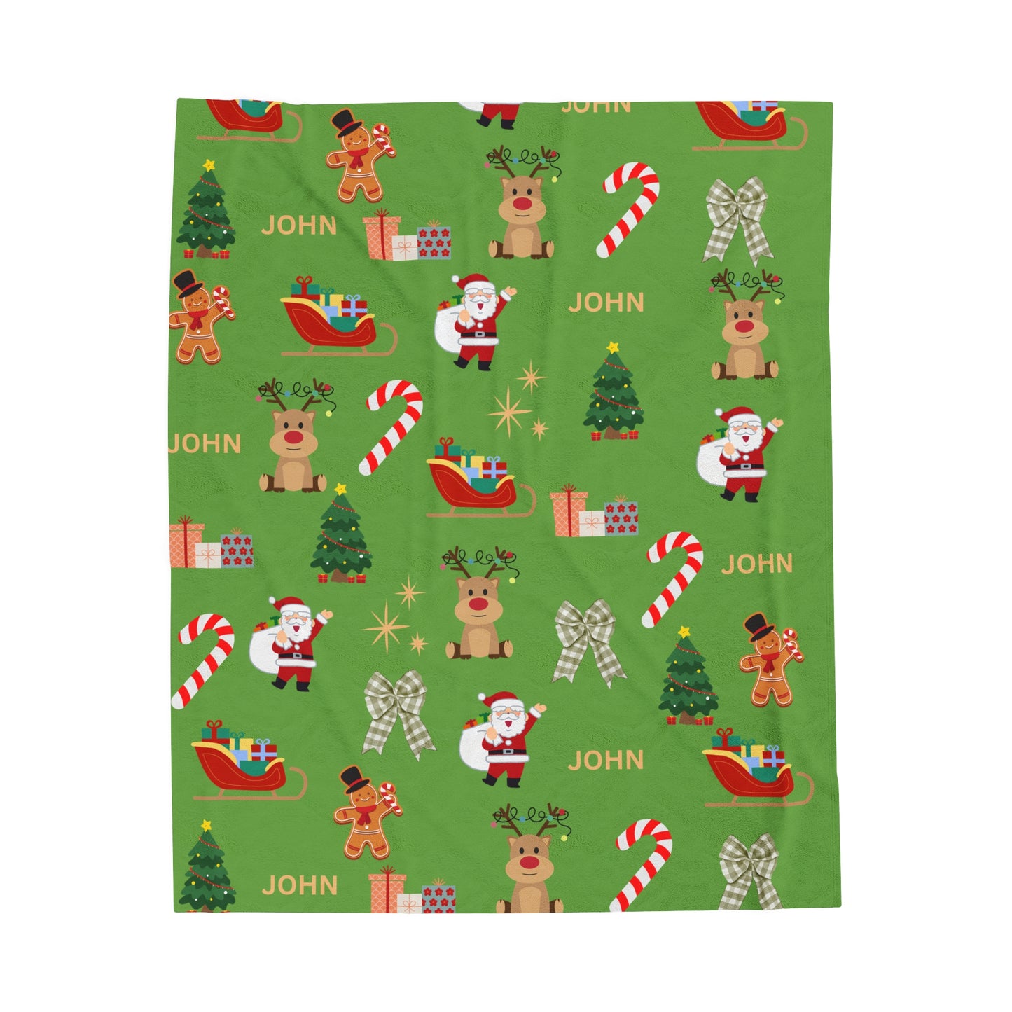 Personalized Christmas Velveteen Plush Blanket with Santa & Reindeer Design Green