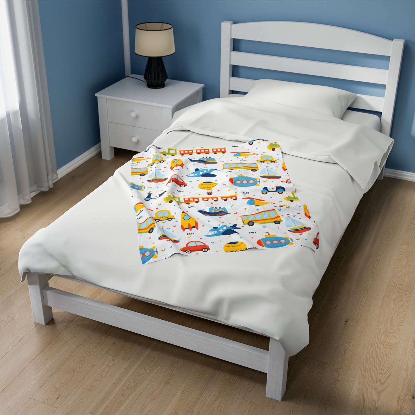 Personalized Velveteen Plush Kids' Blanket with Fun Transportation Design