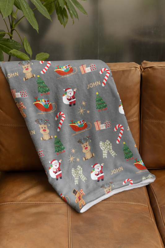 Personalized Christmas Velveteen Plush Blanket with Santa & Reindeer Design Grey